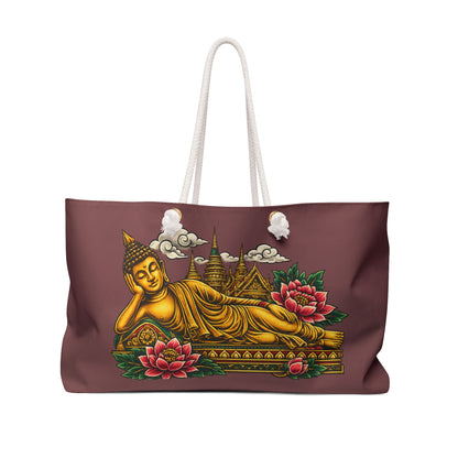 Reclining Buddha Weekender Bag — Golden Buddha Travel Tote with Lotus