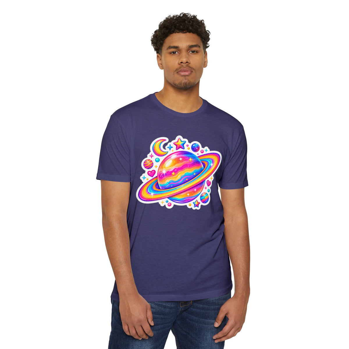 T‑Shirt, Short Sleeve Boxy Crew Neck - Rainbow Planet Cosmic Space