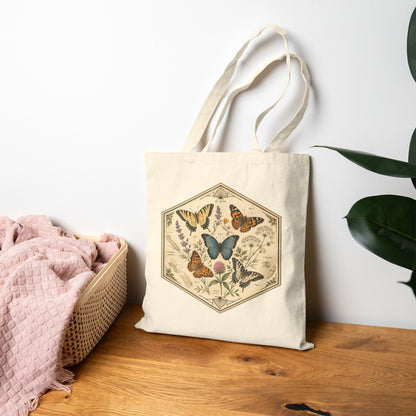 Vintage Hexagon Butterflies & Floral Canvas Tote Bag