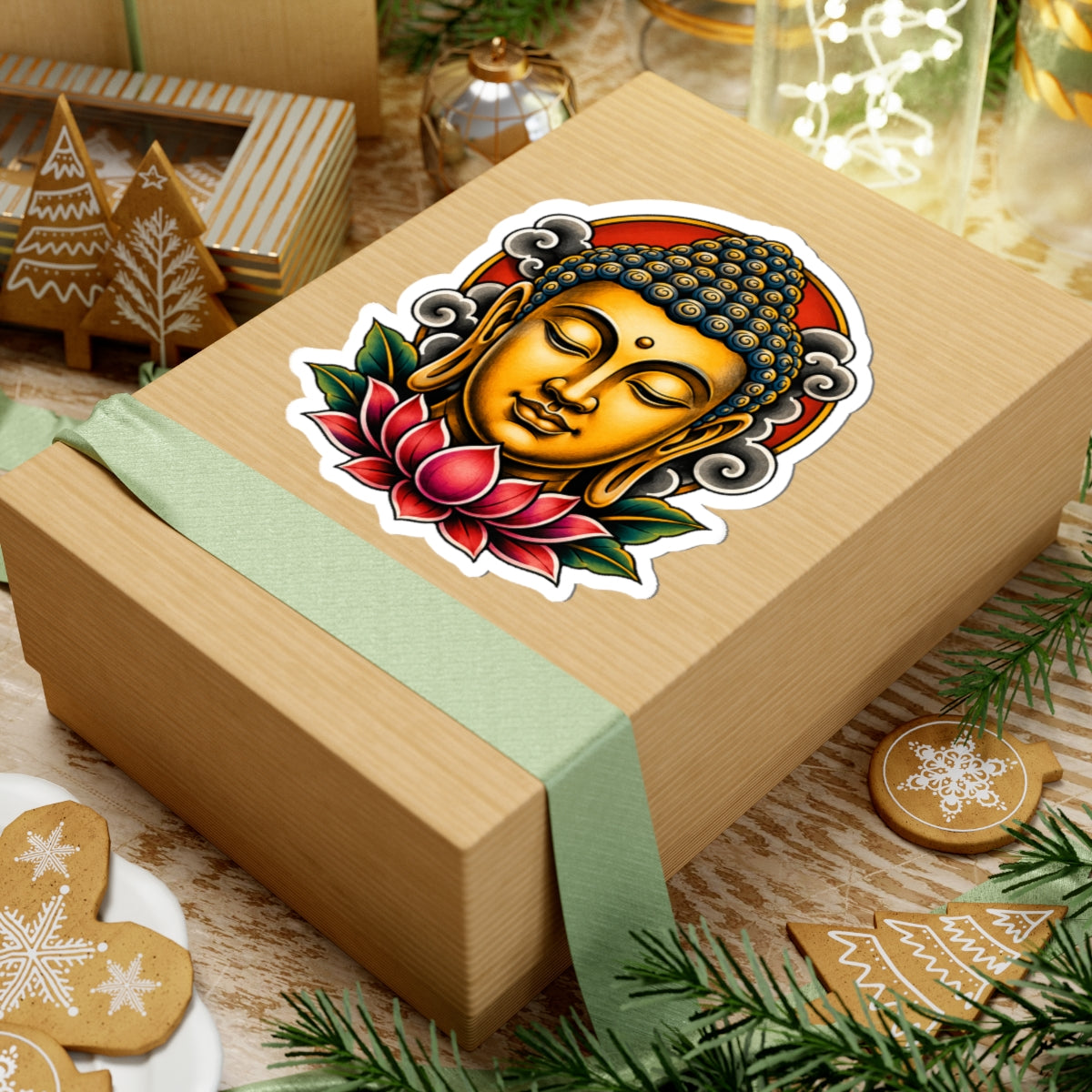 Sticker,  Kiss-Cut - Golden Buddha Head with Lotus
