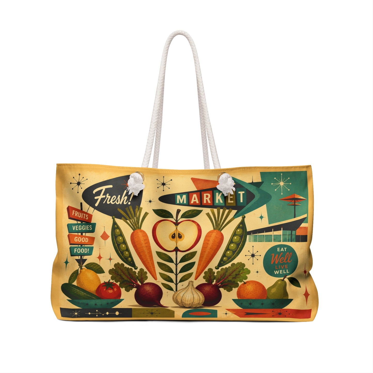Retro Farmers Market Weekender Bag — Fresh Fruits & Veggies Tote