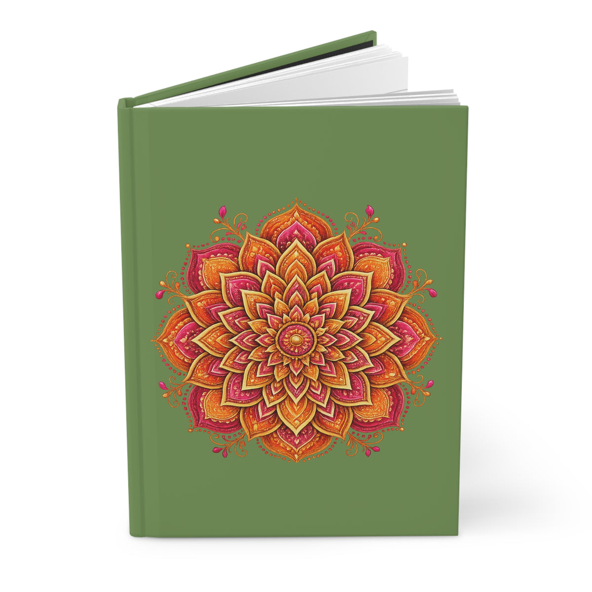 Journal Notebook, Hardcover Lined - Orange Boho Floral Mandala (green)