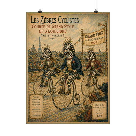 Vintage Zebra Cyclists Poster Matte Vertical Poster | Antique Bicycle Race Art