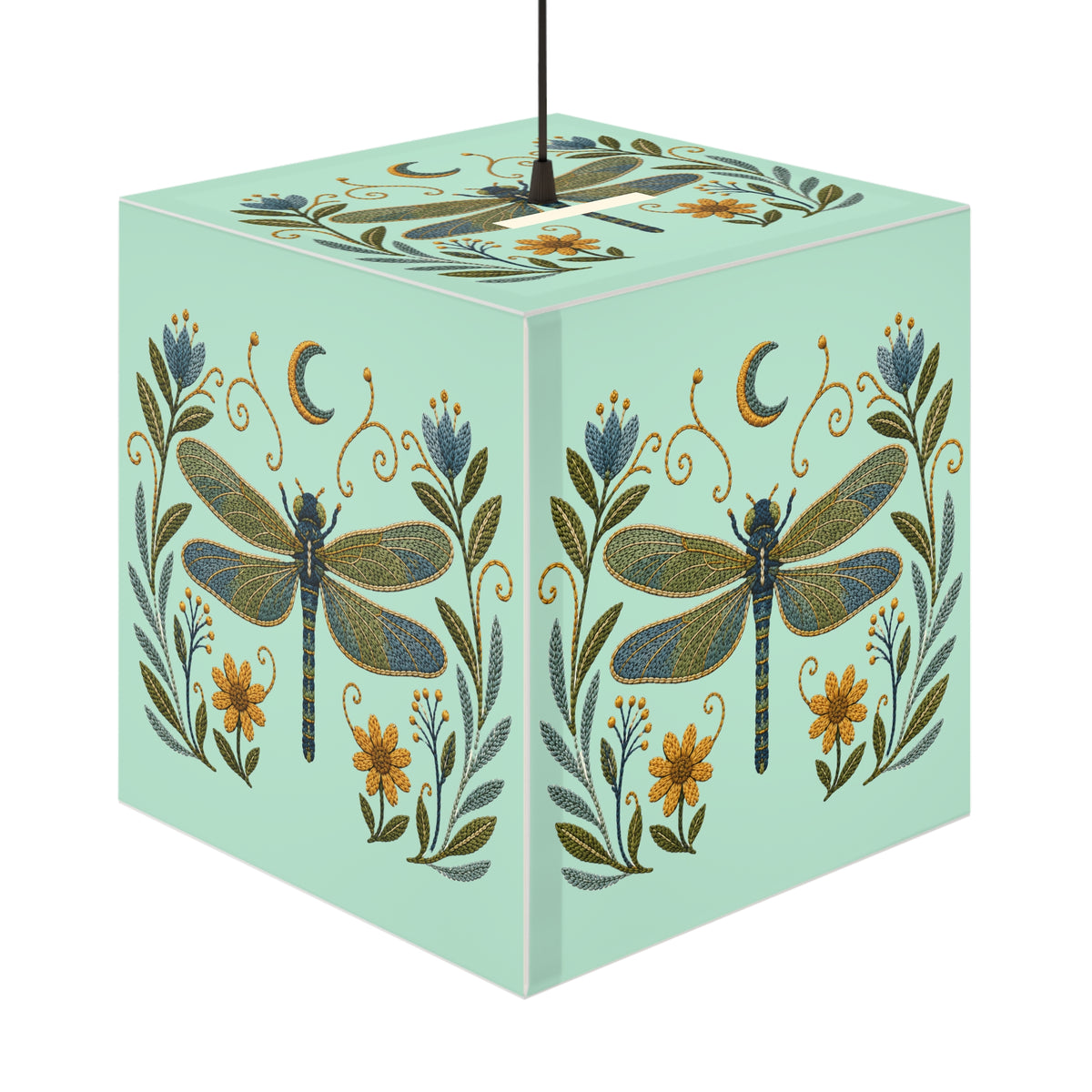 Cube Lamp, Decorative - Floral Dragonfly & Moon (light blue)