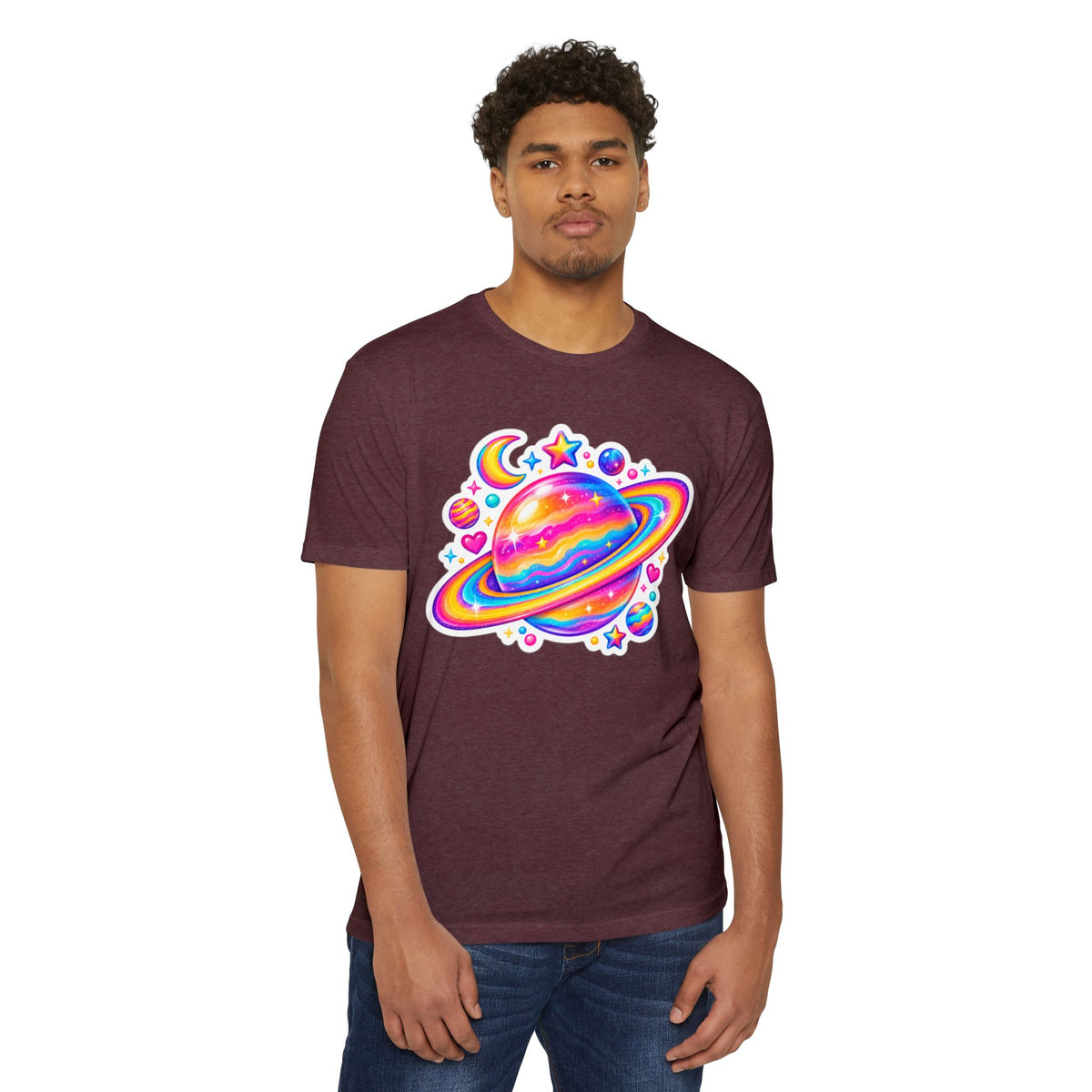 T‑Shirt, Short Sleeve Boxy Crew Neck - Rainbow Planet Cosmic Space