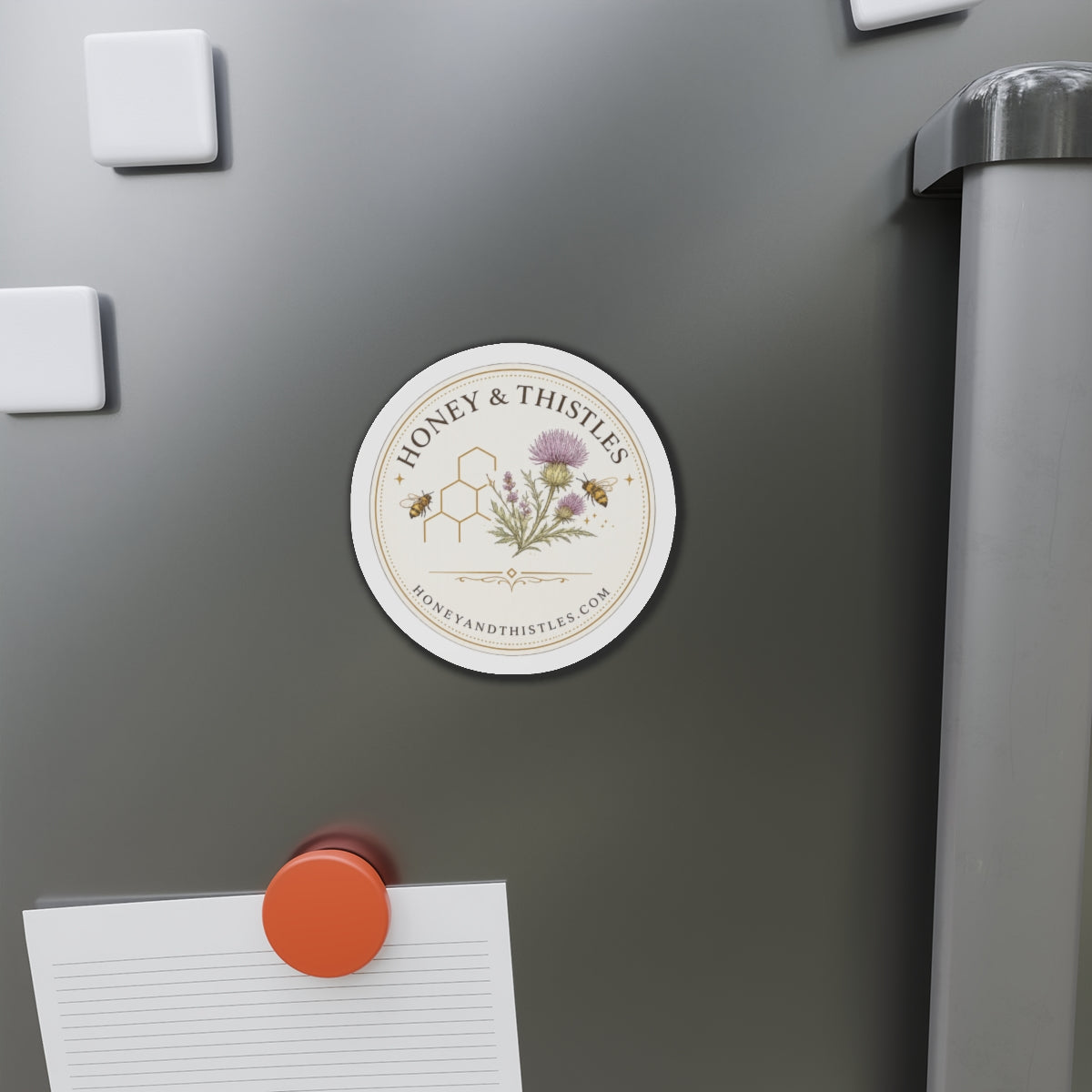 Honey & Thistles Round Die-Cut Magnet – Floral Bee Logo Refrigerator Magnet