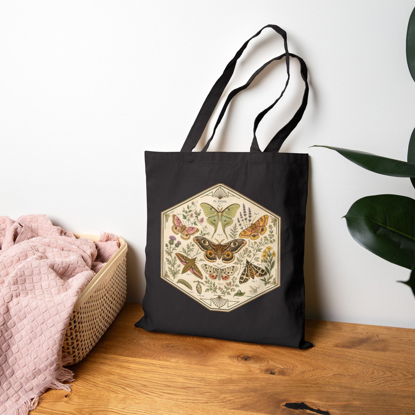 Vintage Hexagon Moths & Floral Canvas Tote Bag