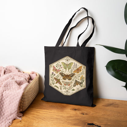 Vintage Hexagon Moths & Floral Canvas Tote Bag