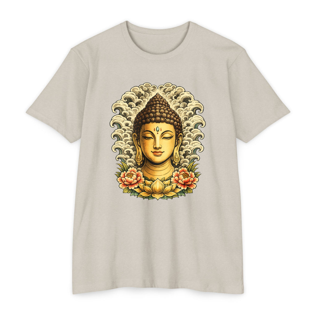 T-Shirt, Short Sleeve Boxy Crew Neck - Buddha Head Floral