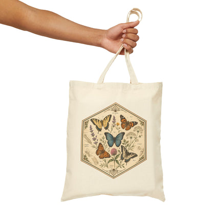Vintage Hexagon Butterflies & Floral Canvas Tote Bag