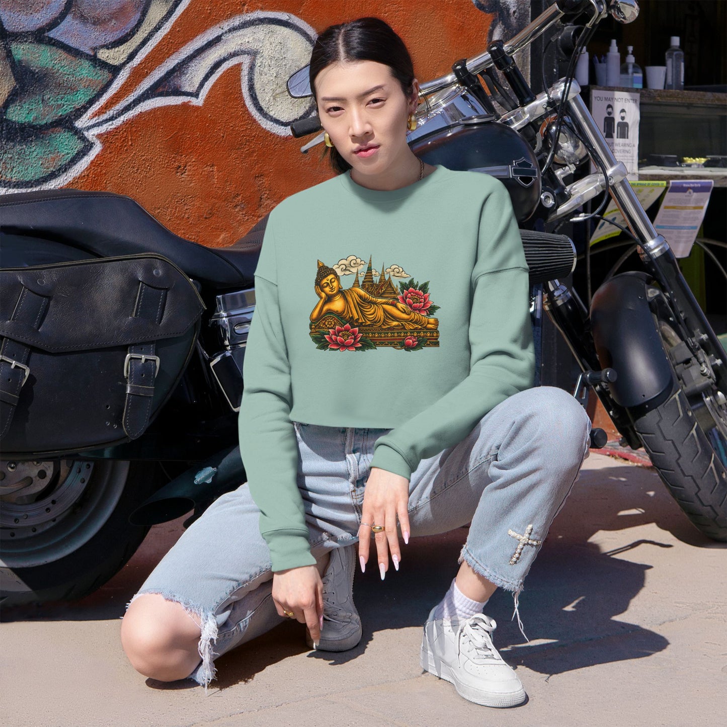 Recline with Buddha Cropped Long Sleeve T-Shirt