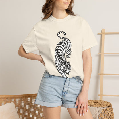 T-Shirt, Short Sleeve Boxy Crew Neck - Black & White Tiger