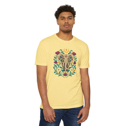 T-Shirt, Short Sleeve Boxy Crew Neck - Boho Indian-Inspired Elephant Floral