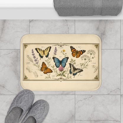 Vintage Botanical Butterfly Bath Mat — Floral Nature-Inspired Bathroom Rug