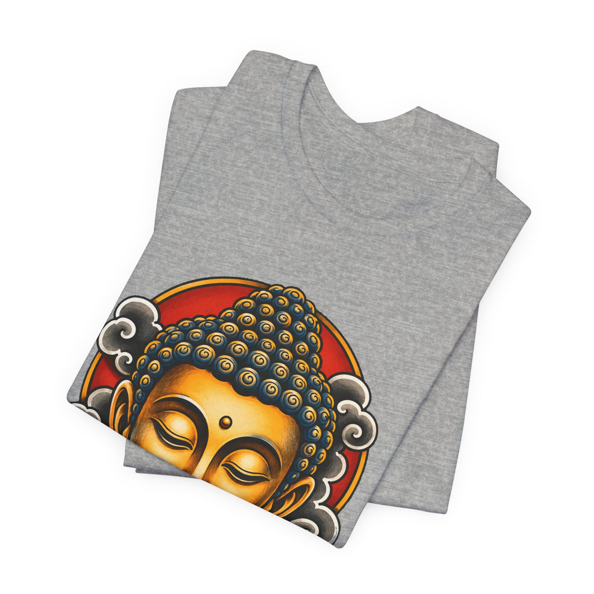 T‑Shirt, Short Sleeve Boxy Crew Neck - Golden Buddha Head with Lotus