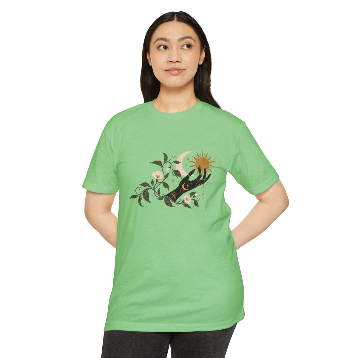 T-Shirt, Short Sleeve Boxy Crew Neck - Botanical Hand Reaching for the Sun