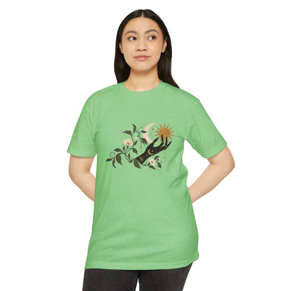 T-Shirt, Short Sleeve Boxy Crew Neck - Botanical Hand Reaching for the Sun