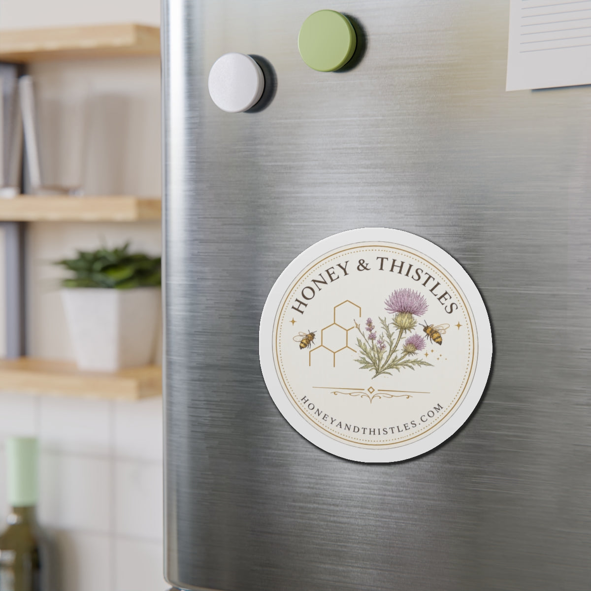 Honey & Thistles Round Die-Cut Magnet – Floral Bee Logo Refrigerator Magnet
