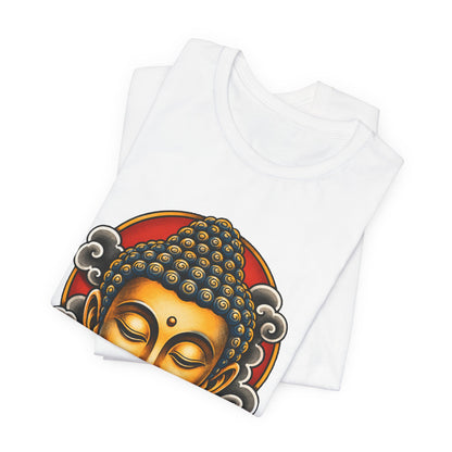 T‑Shirt, Short Sleeve Boxy Crew Neck - Golden Buddha Head with Lotus