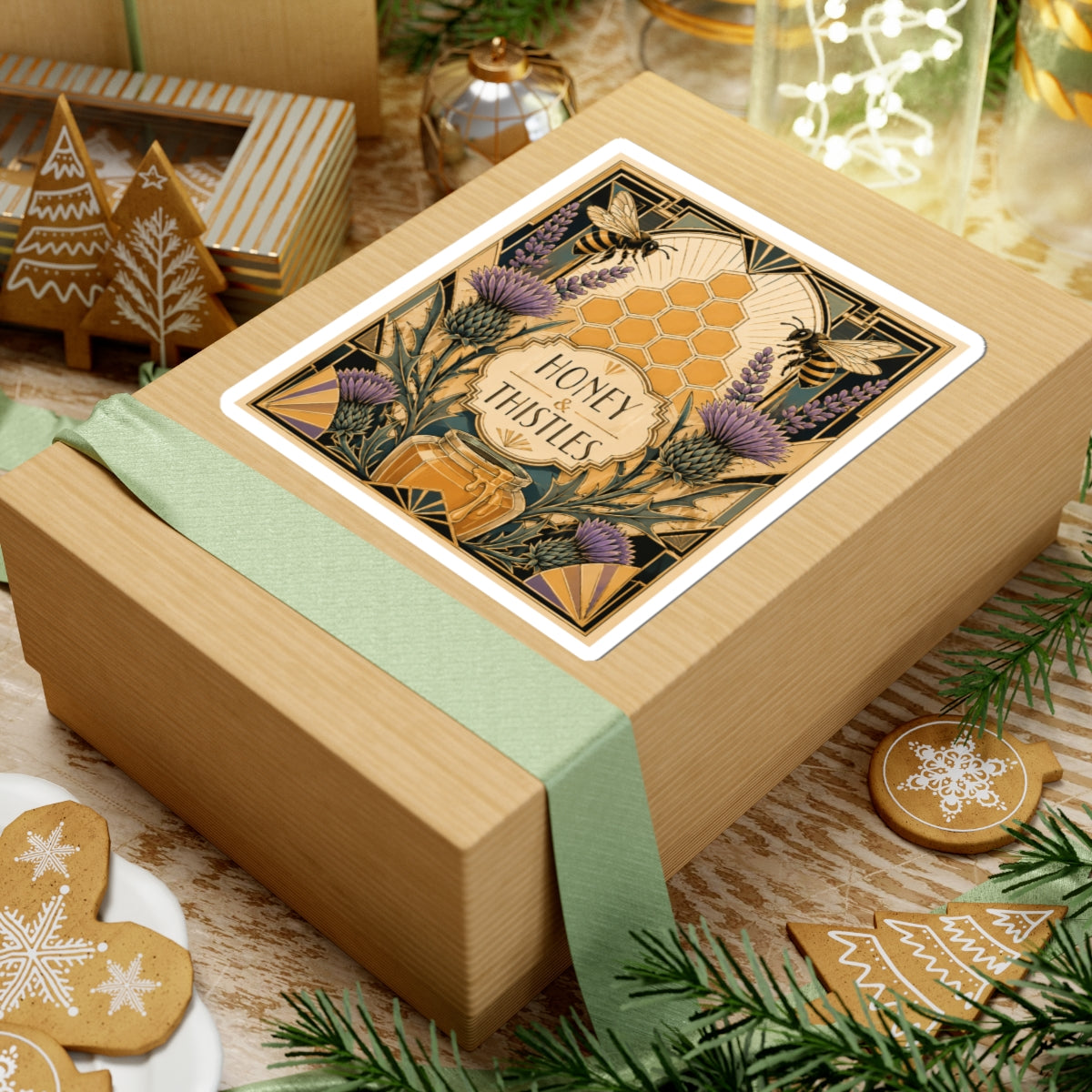 Honey & Thistles Sticker — Vintage Bee, Honeycomb & Thistle Kiss-Cut Sticker