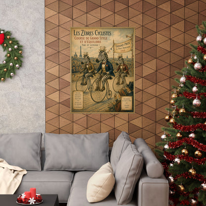 Vintage Zebra Cyclists Poster Matte Vertical Poster | Antique Bicycle Race Art