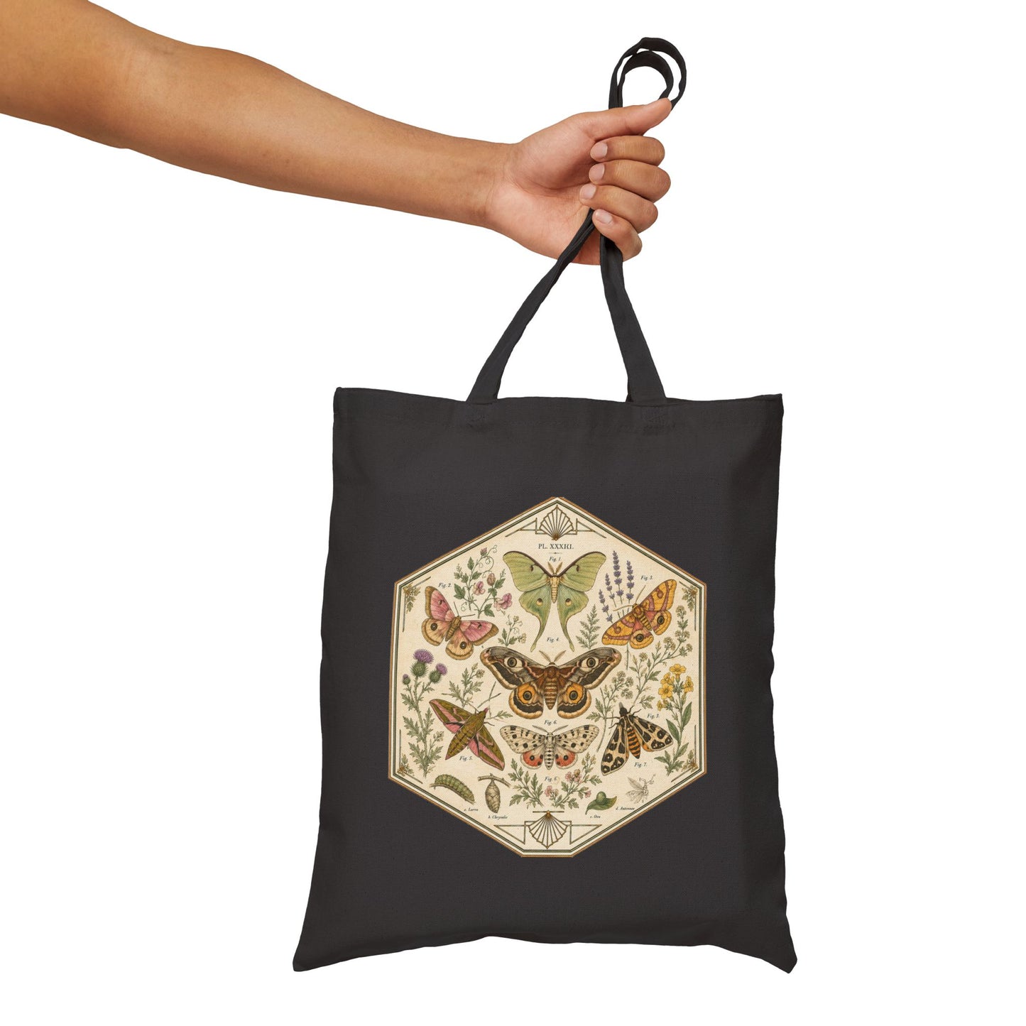 Vintage Hexagon Moths & Floral Canvas Tote Bag