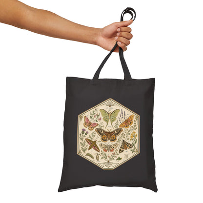 Vintage Hexagon Moths & Floral Canvas Tote Bag
