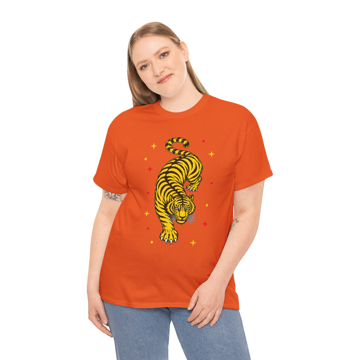 T-Shirt, Short Sleeve Boxy Crewneck - Yellow Tiger