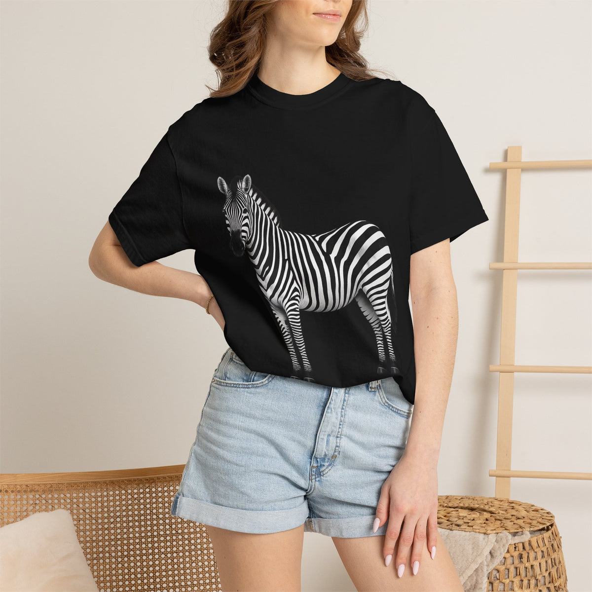T-Shirt, Short Sleeve Boxy Crew Neck - Zebra Side View Standing