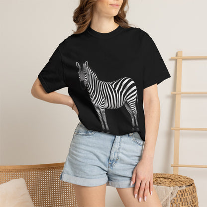 T-Shirt, Short Sleeve Boxy Crew Neck - Zebra Side View Standing