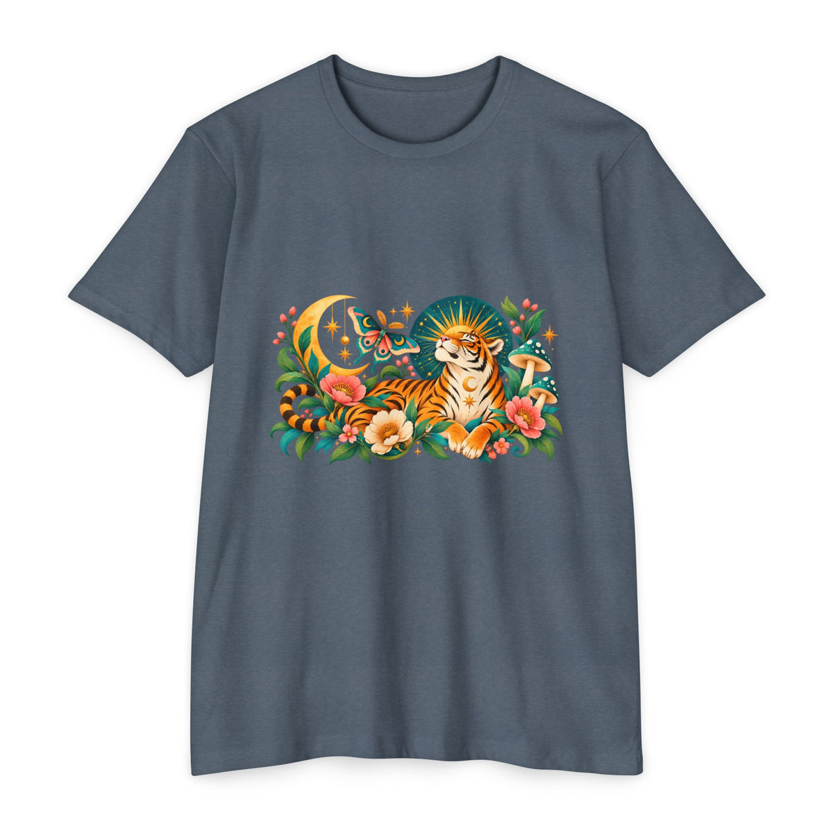 T-Shirt, Short Sleeve Boxy Crew Neck- Tiger Moon Celestial Floral