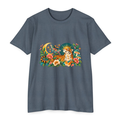 T-Shirt, Short Sleeve Boxy Crew Neck- Tiger Moon Celestial Floral