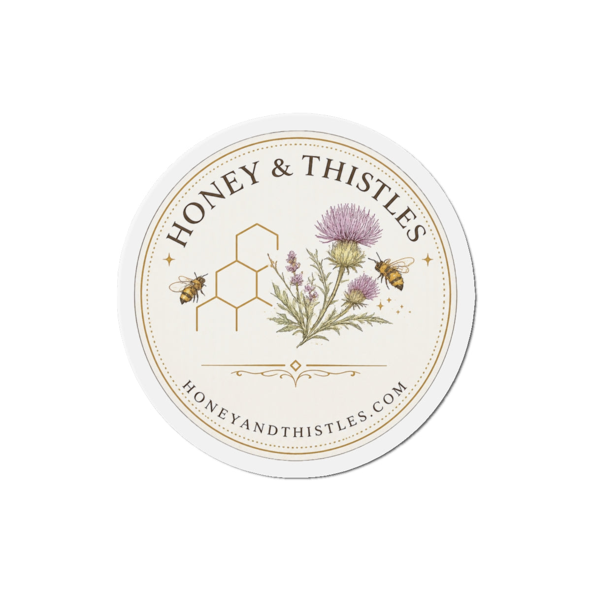 Honey & Thistles Round Die-Cut Magnet – Floral Bee Logo Refrigerator Magnet
