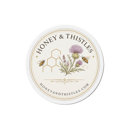 Honey & Thistles Round Die-Cut Magnet – Floral Bee Logo Refrigerator Magnet