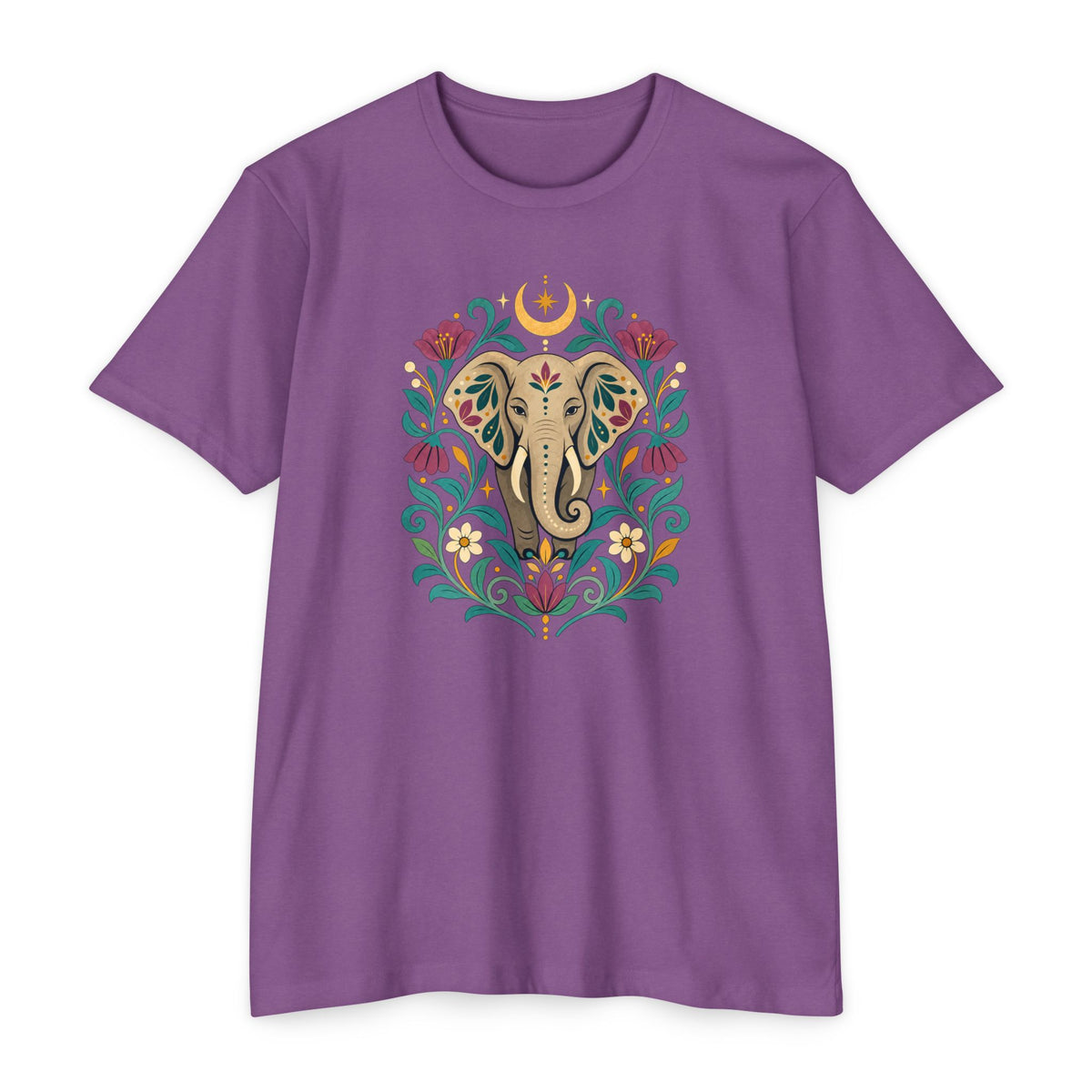 T-Shirt, Short Sleeve Boxy Crew Neck - Boho Indian-Inspired Elephant Floral