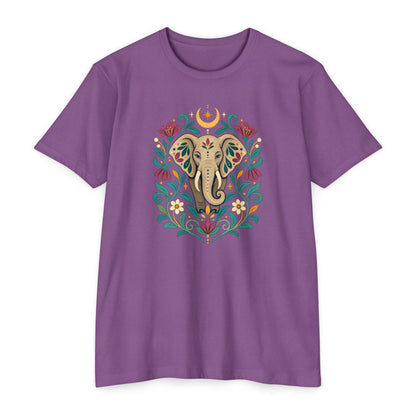 T-Shirt, Short Sleeve Boxy Crew Neck - Boho Indian-Inspired Elephant Floral