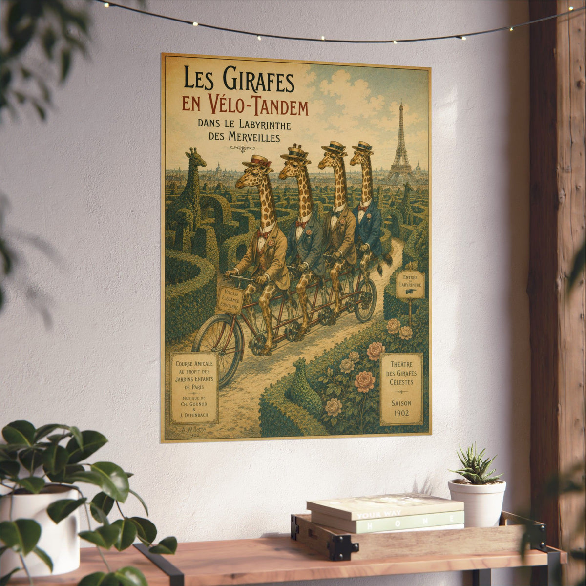 Poster, Art Print - Giraffes on Tandem Bicycles in a Maze