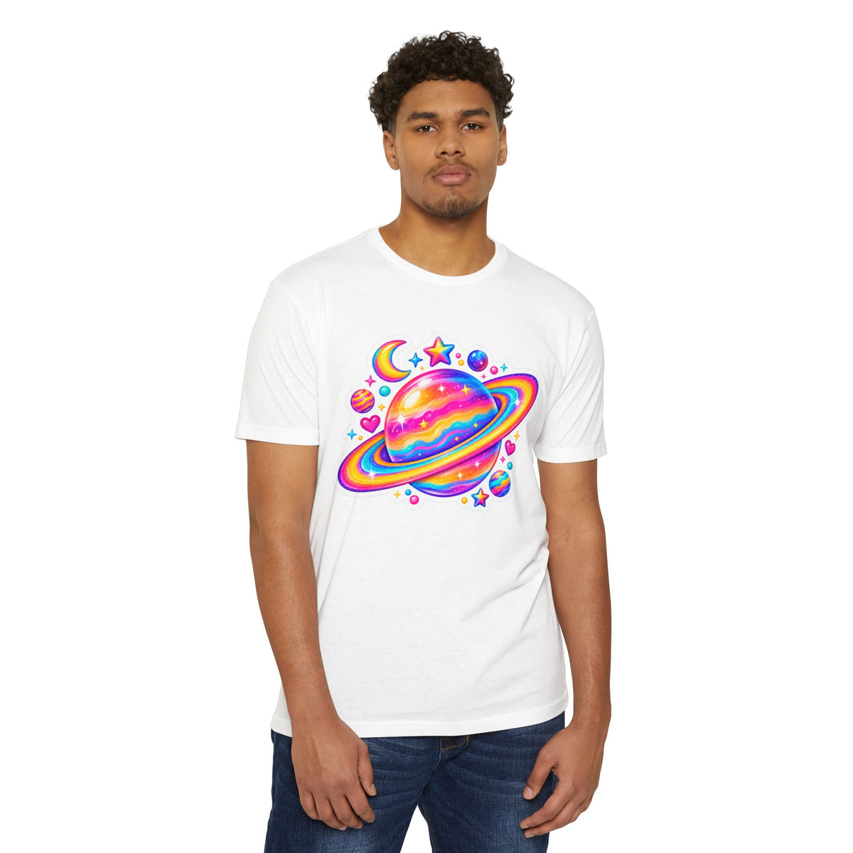 T‑Shirt, Short Sleeve Boxy Crew Neck - Rainbow Planet Cosmic Space