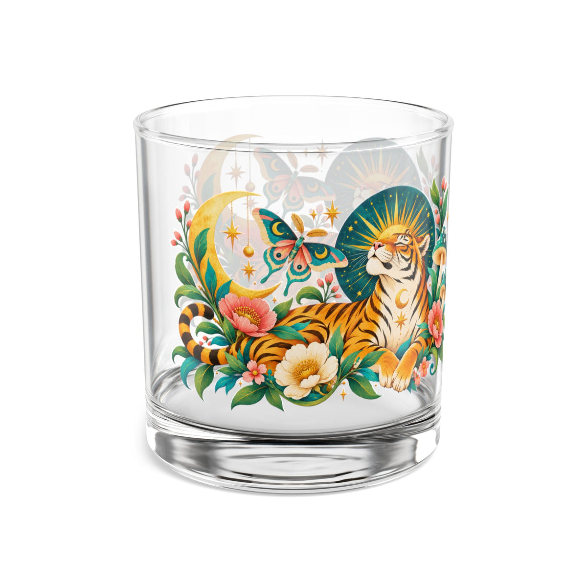 Glass, Rocks Glass Whiskey Tumbler 10oz - Tiger Moon Floral Celestial