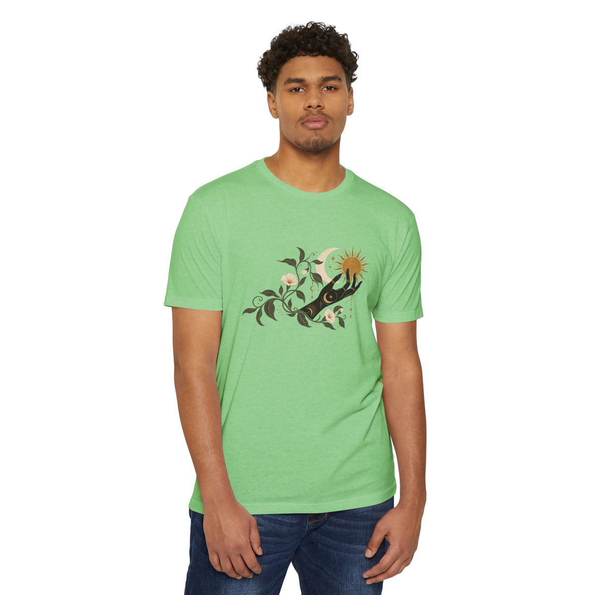 T-Shirt, Short Sleeve Boxy Crew Neck - Botanical Hand Reaching for the Sun