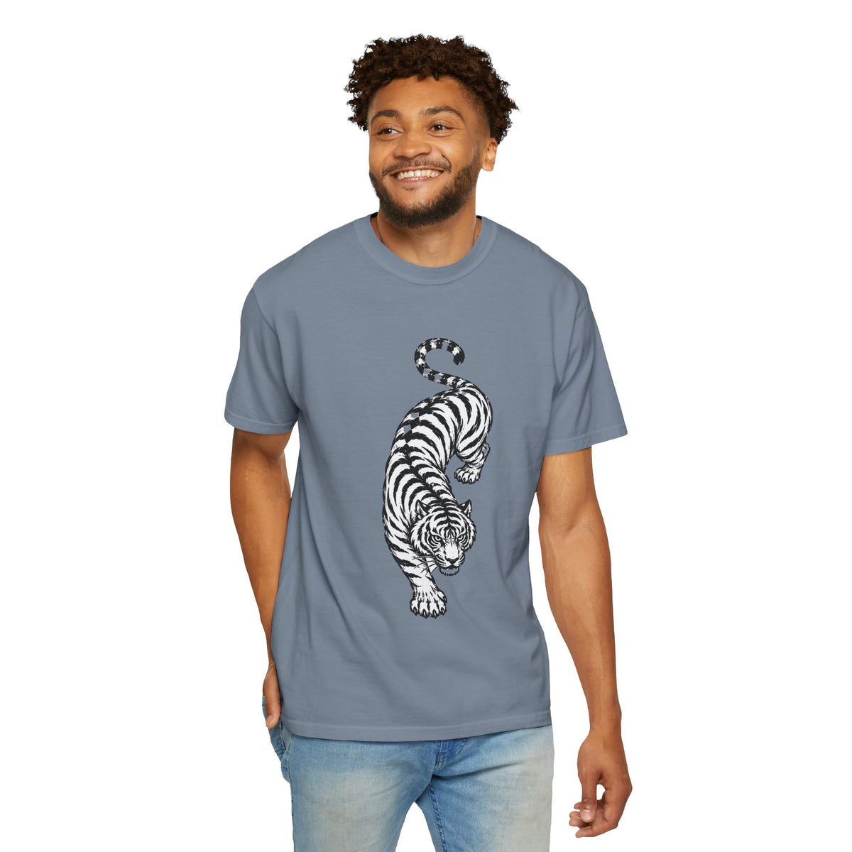 T-Shirt, Short Sleeve Boxy Crew Neck - Black & White Tiger