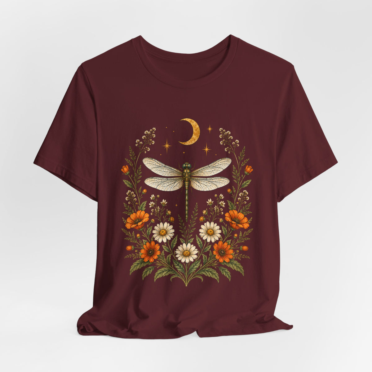 T-Shirt, Short Sleeve Boxy Crew Neck - Boho Dragonfly Moon