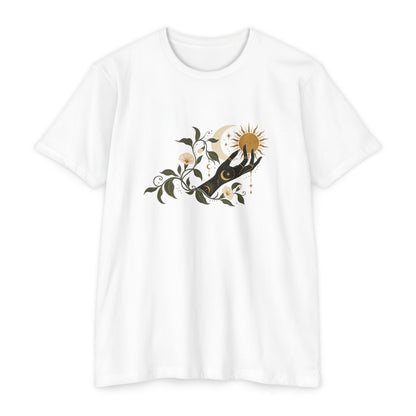 T-Shirt, Short Sleeve Boxy Crew Neck - Botanical Hand Reaching for the Sun