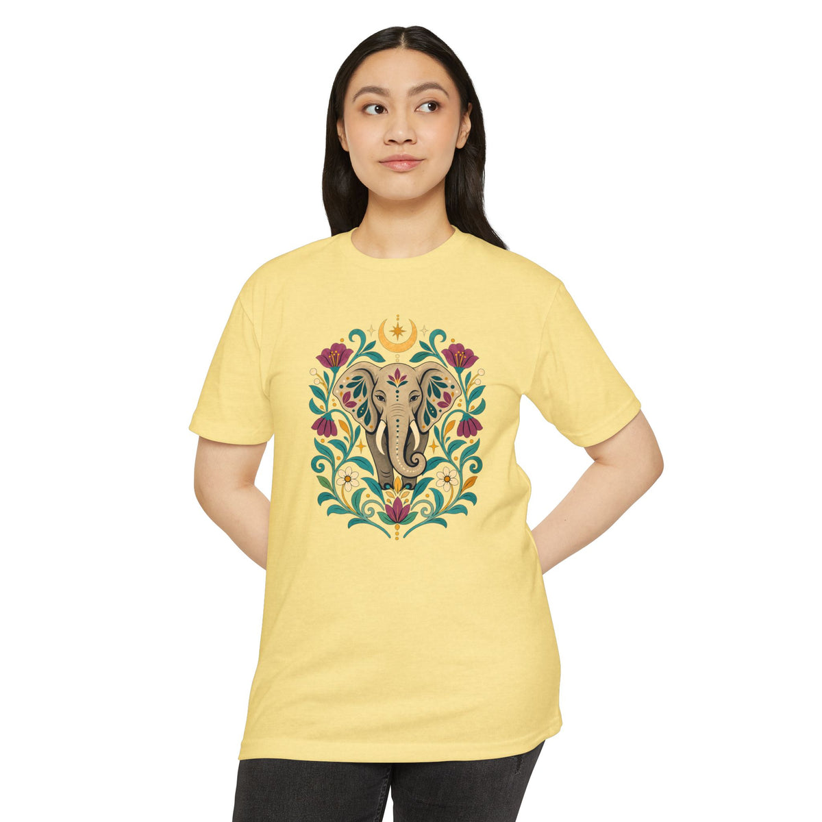 T-Shirt, Short Sleeve Boxy Crew Neck - Boho Indian-Inspired Elephant Floral