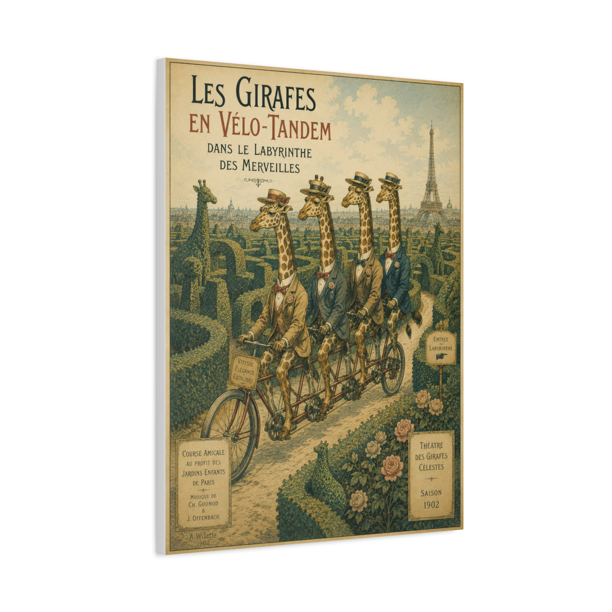 Canvass Art Print - Giraffes on Tandem Bicycles in a Maze
