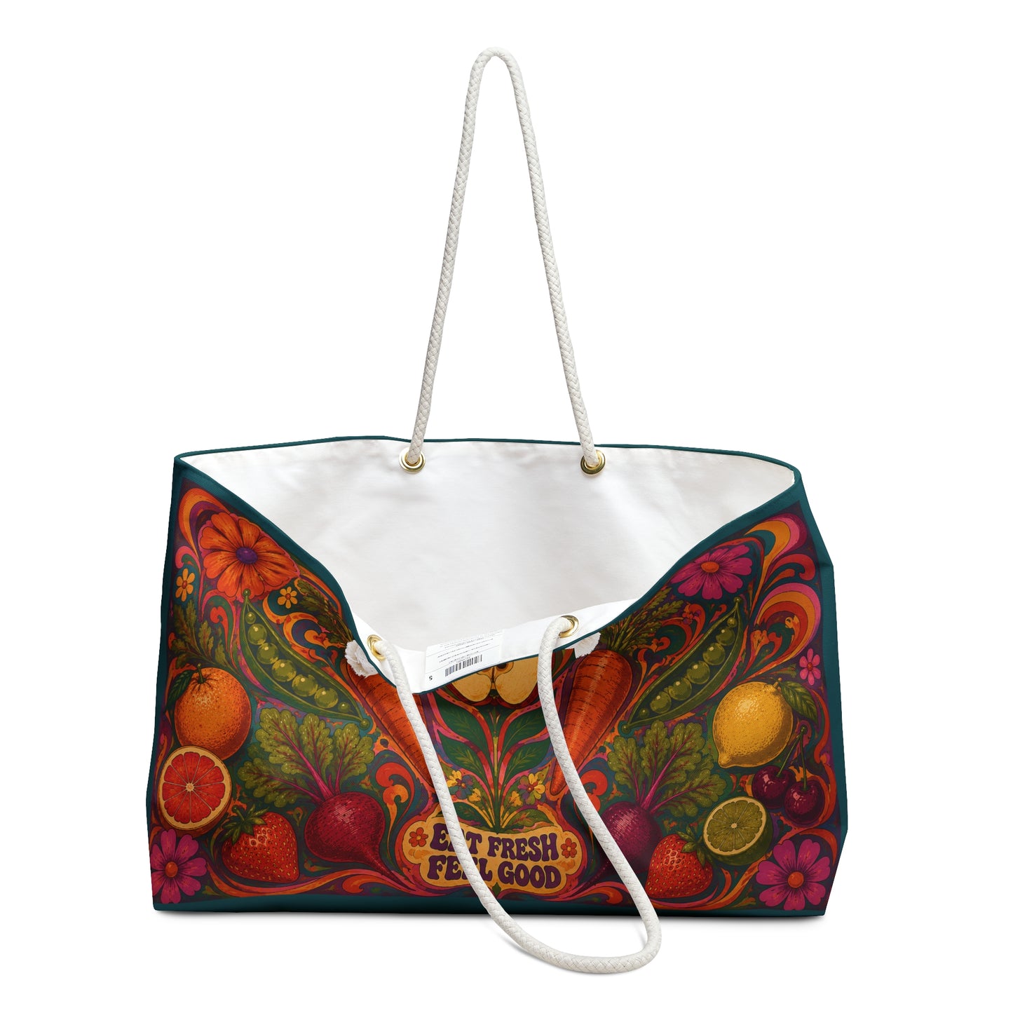 Farmer Market Weekender Bag — 'Eat Fresh Feel Good' Vintage Produce Travel Tote