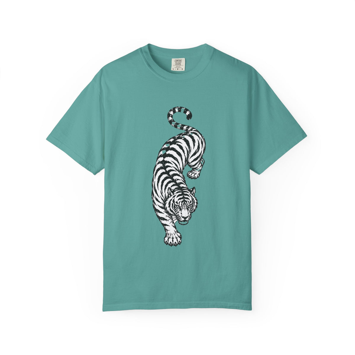T-Shirt, Short Sleeve Boxy Crew Neck - Black & White Tiger