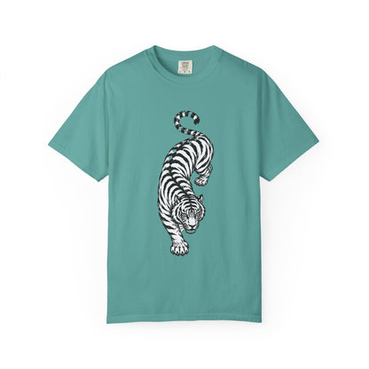 T-Shirt, Short Sleeve Boxy Crew Neck - Black & White Tiger