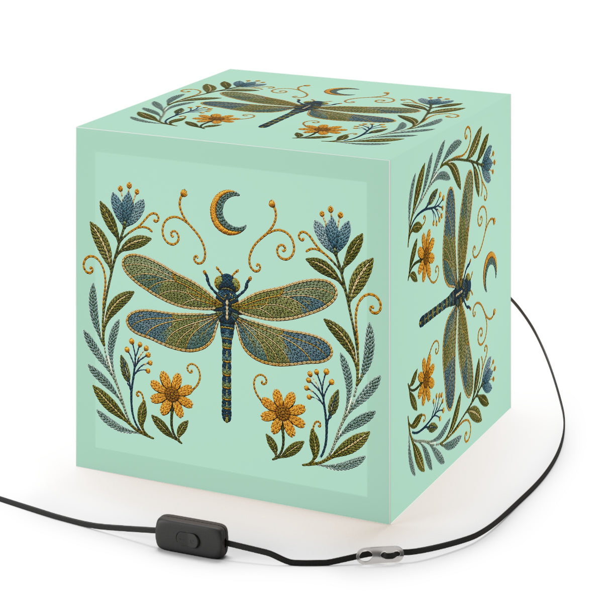 Cube Lamp, Decorative - Floral Dragonfly & Moon (light blue)