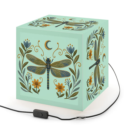 Cube Lamp, Decorative - Floral Dragonfly & Moon (light blue)